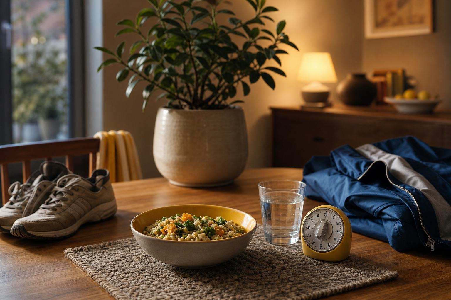 Schüssel mit Essen, Wasserglas, Laufschuhe und gelber Küchentimer auf einem Holztisch