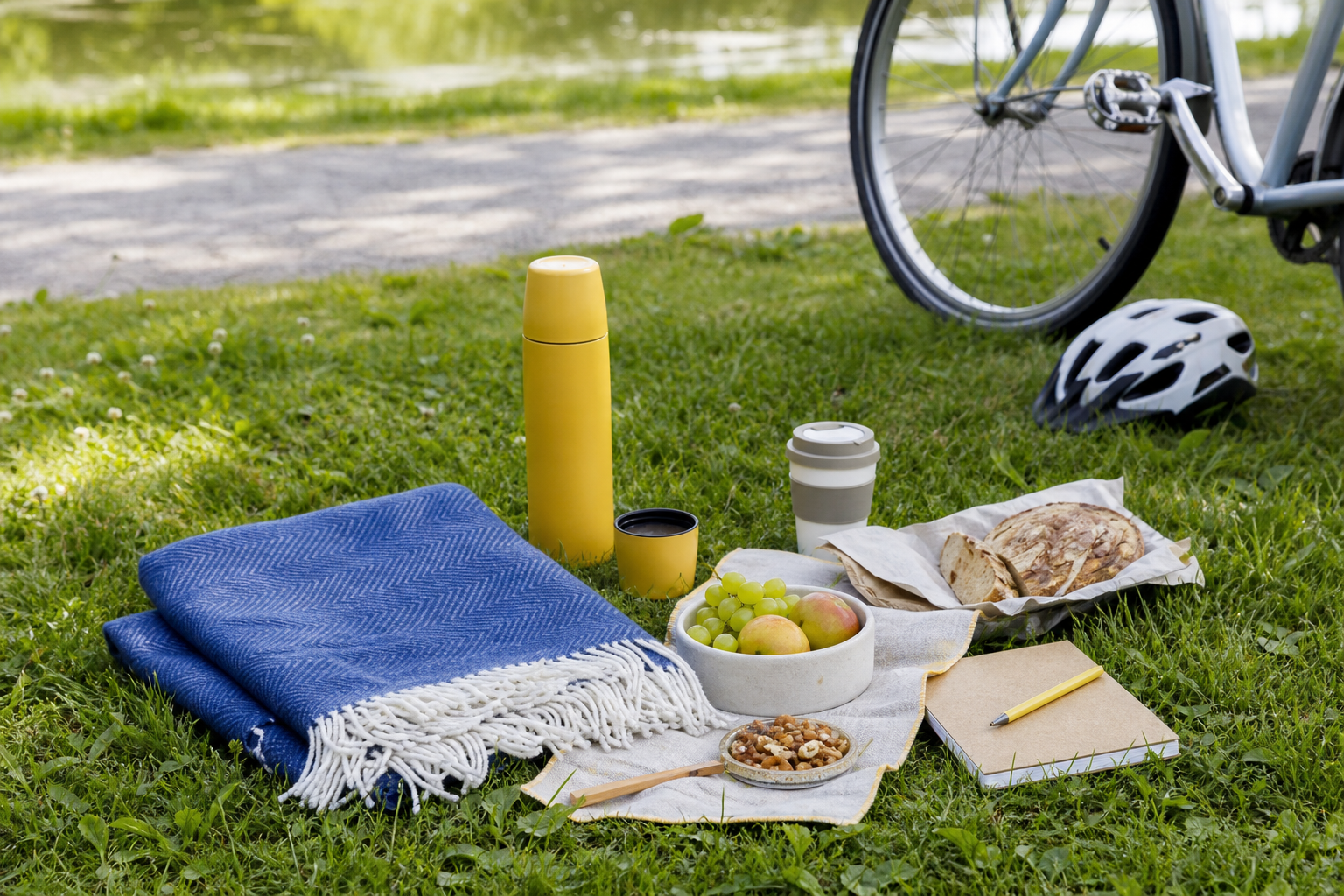 Picknickdecke mit Thermoskanne und kleinem Rucksack auf einer sonnigen Wiese ohne sichtbare Personen