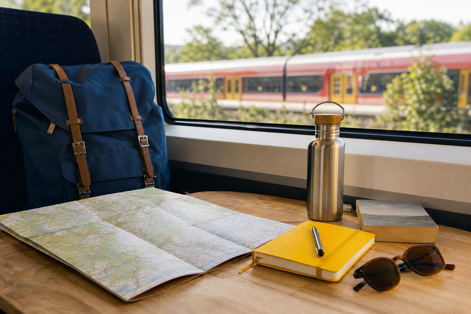 Blauer Rucksack, Landkarte und gelbes Notizbuch auf einem Tisch am Zugfenster