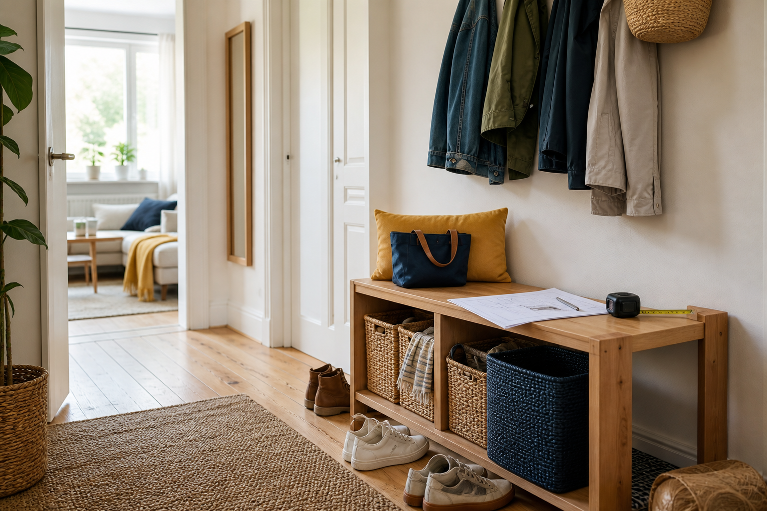 Heller Wohnungsflur mit Holzbank, Körben, Jacken und einem Maßband