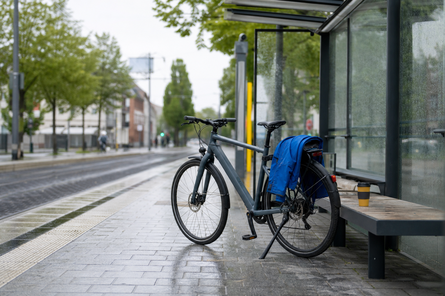 Graues Fahrrad mit blauer Regenjacke an einer nassen Haltestelle