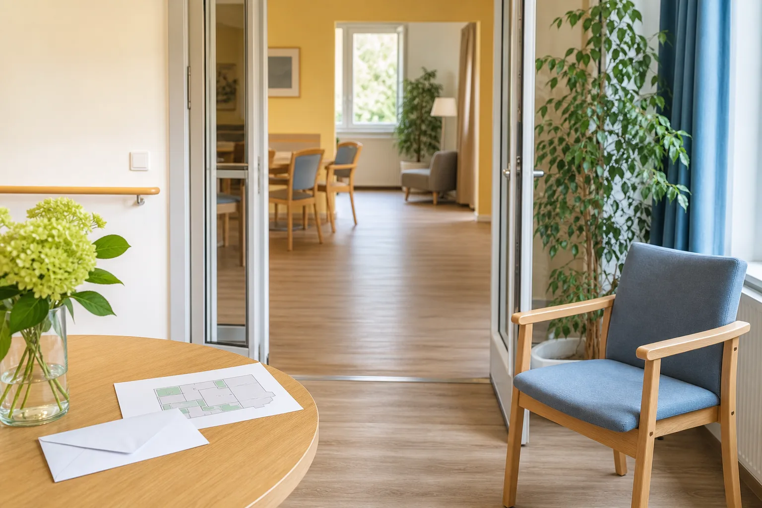 Kleiner heller Wohnraum mit klappbaren Stühlen, freiem Durchgang und gedecktem Tisch ohne sichtbare Personen
